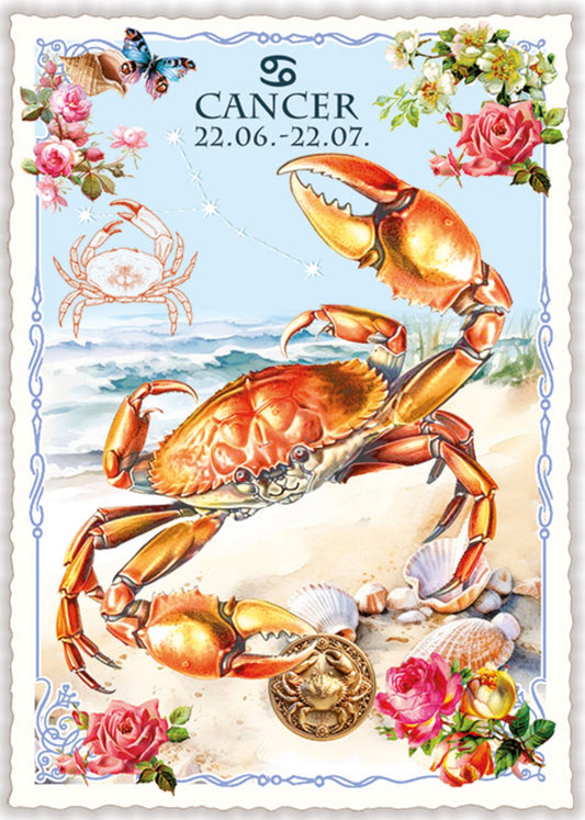 Cancer Zodiac Sign Postcard by Edition Tausendschön featuring an illustration with crab, flowers, and butterfly on a decorative border.