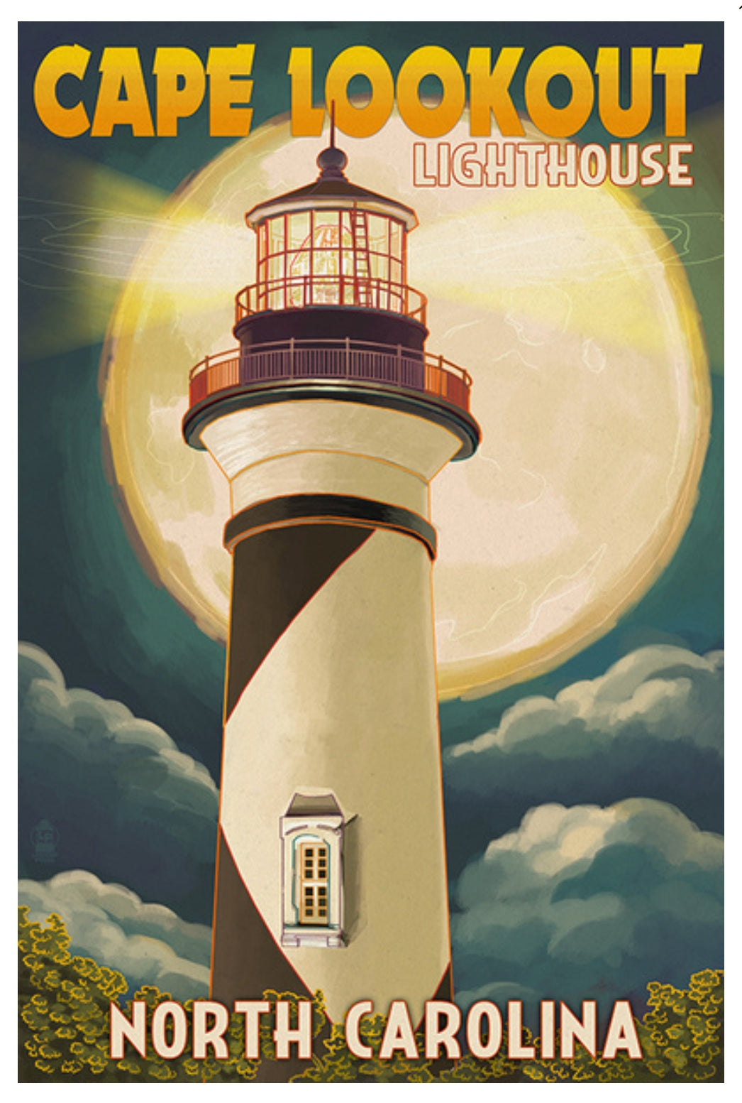 Lantern Press Postcadrd of Cape Lookout Lighthouse in North Carolina with a large moon in the background.