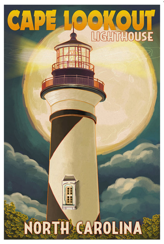 Lantern Press Postcadrd of Cape Lookout Lighthouse in North Carolina with a large moon in the background.