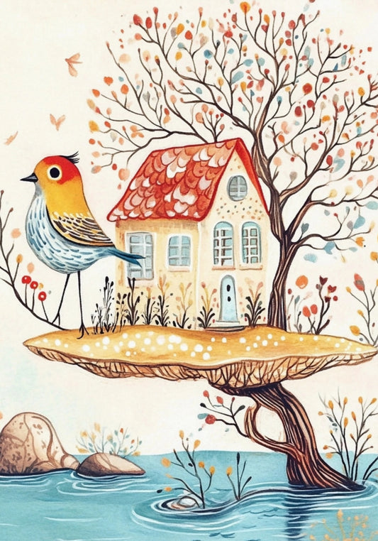 Bird and Mushroom Postcard by Fripperies featuring an illustration of a house on a mushroom with a bird and autumn tree