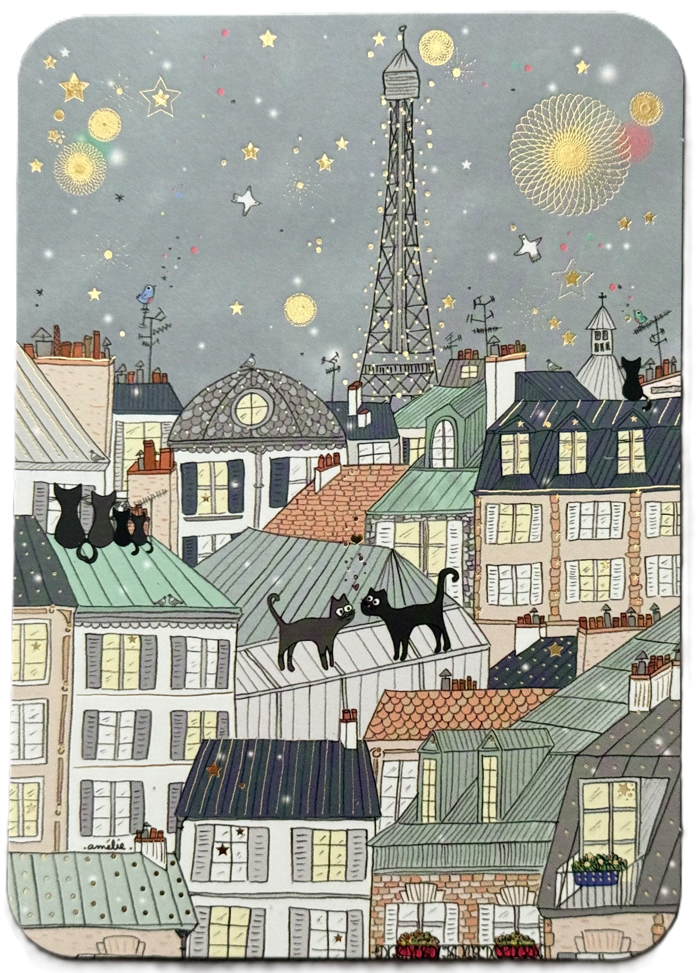 Cats on Paris Rooftops Postcard by Cartes d'Art featuring an illustration of Paris rooftops with cats and the Eiffel Tower in the background. The postcard includes gold foil details.