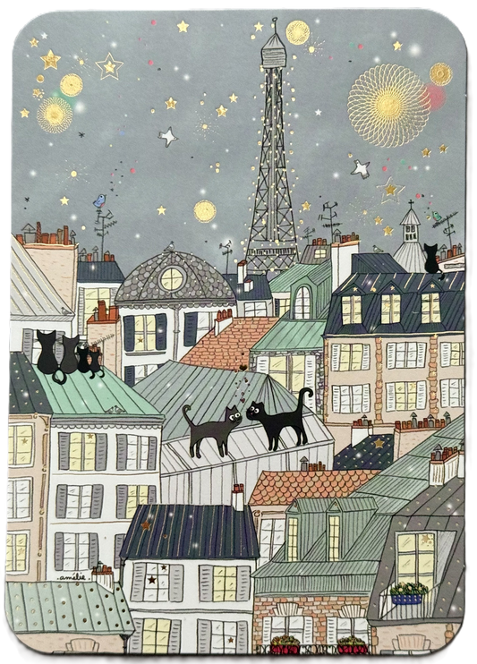 Cats on Paris Rooftops Postcard by Cartes d'Art featuring an illustration of Paris rooftops with cats and the Eiffel Tower in the background. The postcard includes gold foil details.