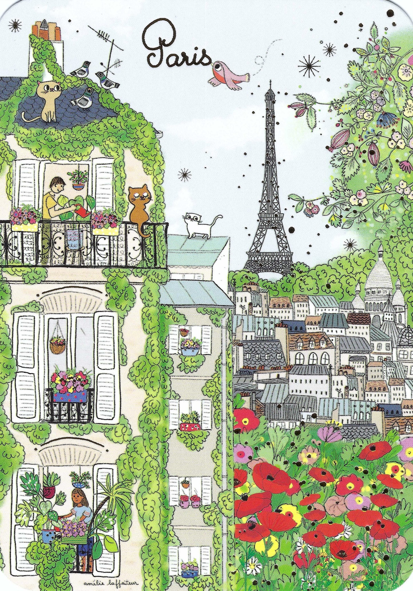 Cartes d'Art - Paris Balcony - Eiffel Tower - Flowers - Apartment - Cats - Plants - Birds - Postcard with gold foil details