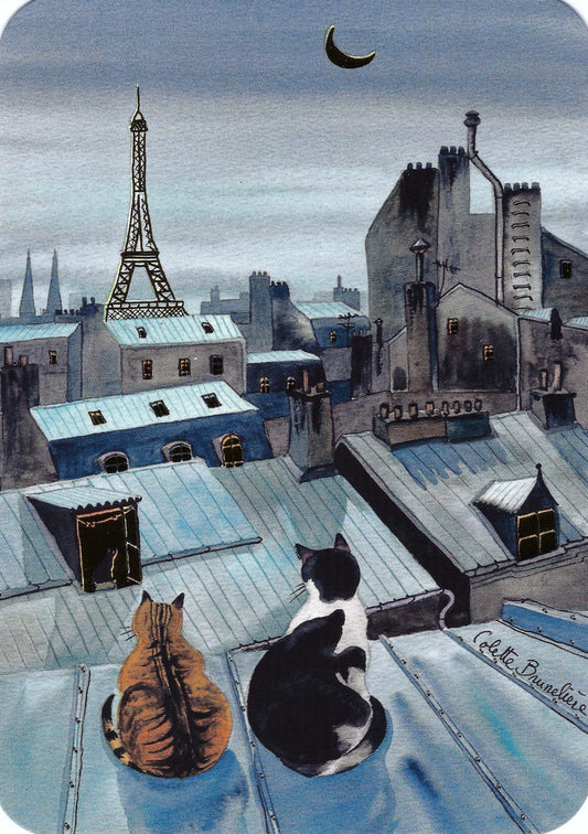Cartes d'Art - Paris Rooftop - Cats - Eiffel Tower - France - Postcard with foil details