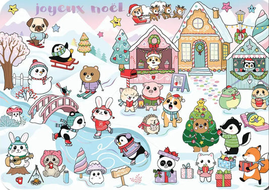 Kawaii Christmas postcard by Cartes d’Art featuring cute animals in festive outfits with foil accents