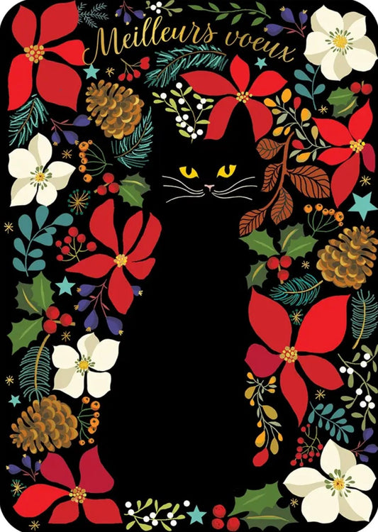 Cartes d'Art - Postcard - Holiday - Black Cat - Meilleurs Voeux - Best Wishes - Postcard with foil details