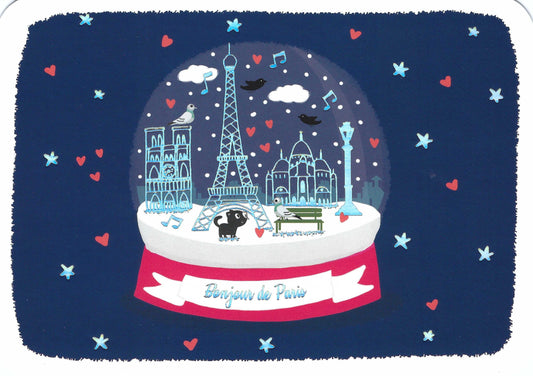Cartes d'Art - Paris - Snow Globe - Sacre Coeur - Eiffel Tower - Notre Dame - Cat - Postcard