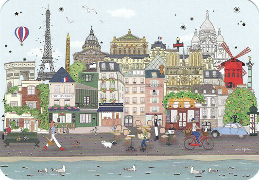 Paris Views Postcard by Amélie Laffaiteur - Cartes d' Art featuring illustrated cityscape with famous Paris landmarks and people on a street.