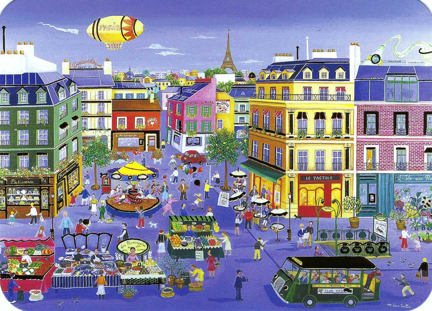 Paris Market Street Scene Postcard by Marie-Line Sulle - Cartes d'Art featuring a colorful illustration of a bustling city street with buildings, people, a street market and vehicles.