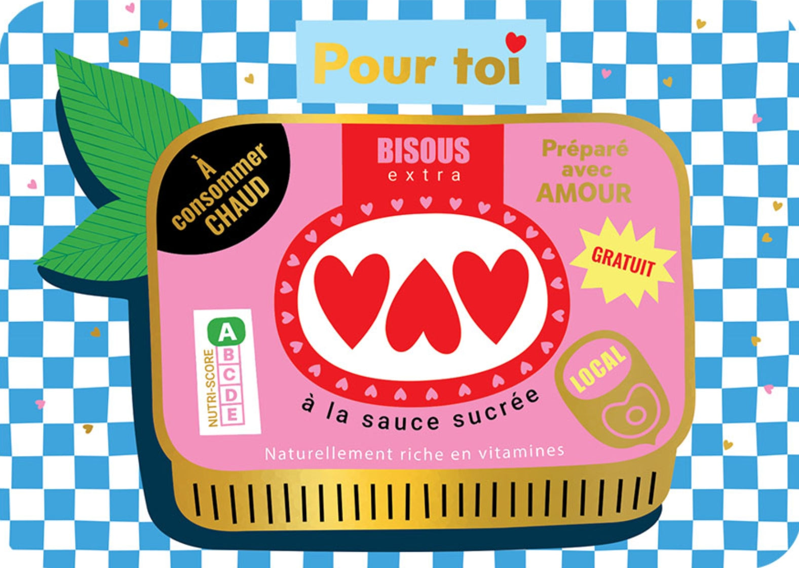 Cartes d'Art Postcard - Can of Kisses for You featuring a pink food container with heart design on a blue checkered background
