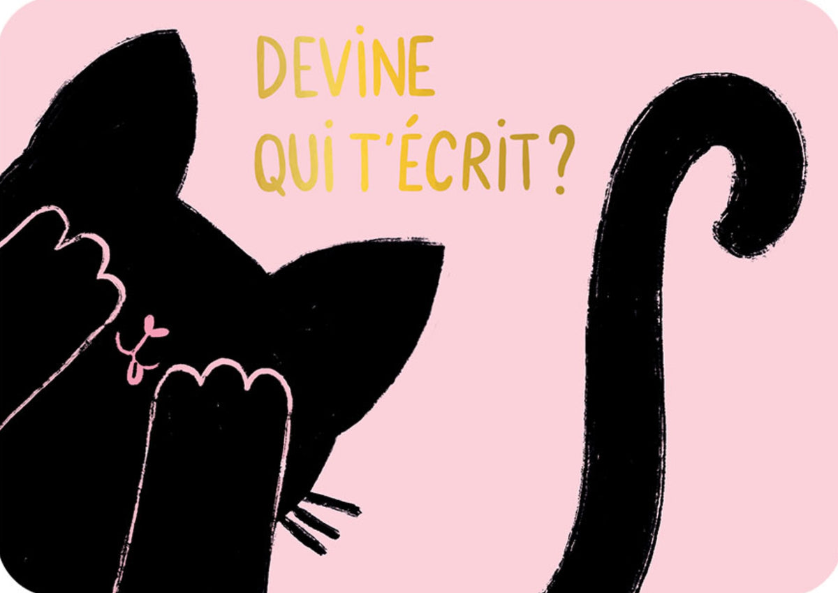Black Cat - Guess Who is Writing to You Postcard by Anne-Isabelle Lucas - Cartes d'Art feturing a black cat on a pink background with text 'DEVINE QUI T'ECRIT?'