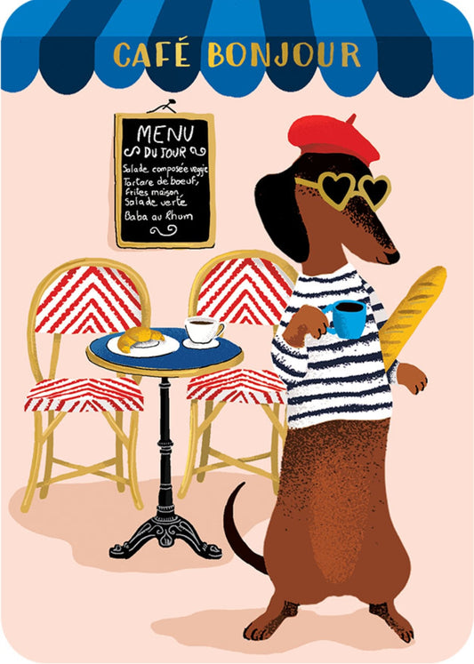 Hello Coffee Dachshund Postcard by Cartes d'Art featuring a dachshund in a striped shirt holding a baguette and a cup of coffee.