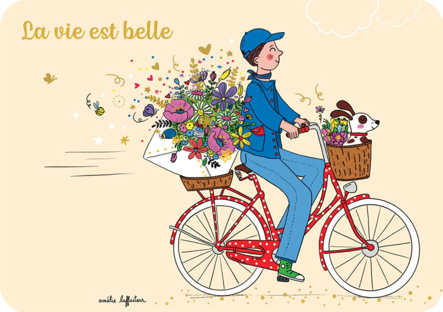 Life is Beautiful Postcard by Amelie Laffaiteur - Cartes d'Art featuring an illustration of a person riding a bicycle with flowers and a dog, featuring the text 'La vie est belle' on a beige background.