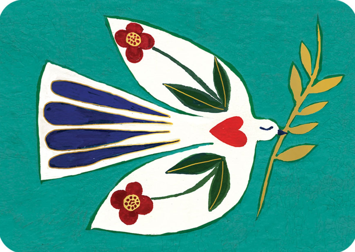 Only Happiness Postcard by Aurélia Fronty - Cartes d'Art featuring a Dove of peace with flowers and an olive branch on a teal background