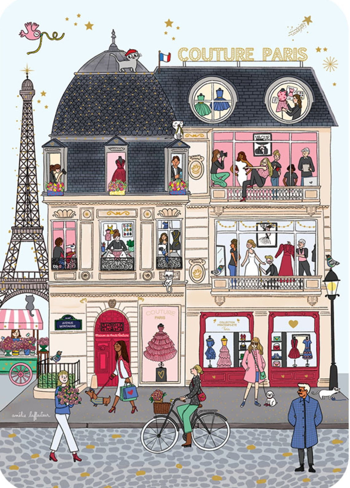 Paris Couture Postcard by Cartes d'Art featuring an illustration of a fashion store in Paris with the Eiffel Tower in the background