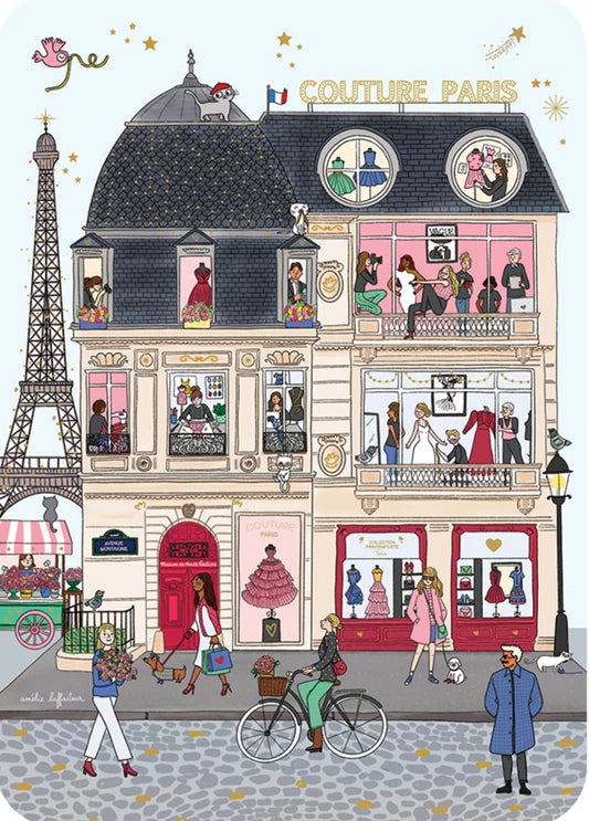 Paris Couture Postcard by Cartes d'Art featuring an illustration of a fashion store in Paris with the Eiffel Tower in the background
