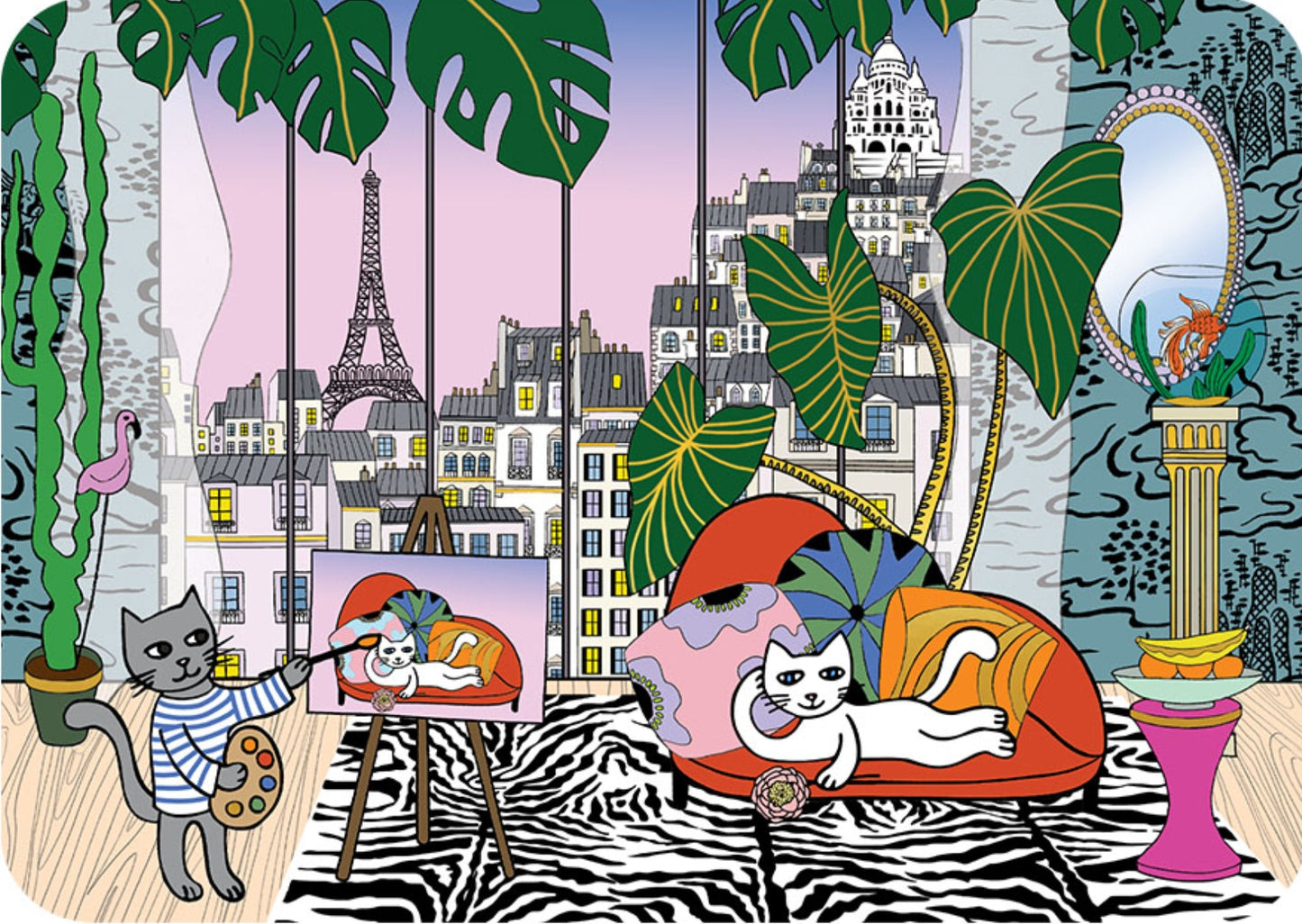 Cartes d'Art Postcard by Pascale Godard featuring an illustration of cats in a Parisian scene with the Eiffel Tower and other landmarks.