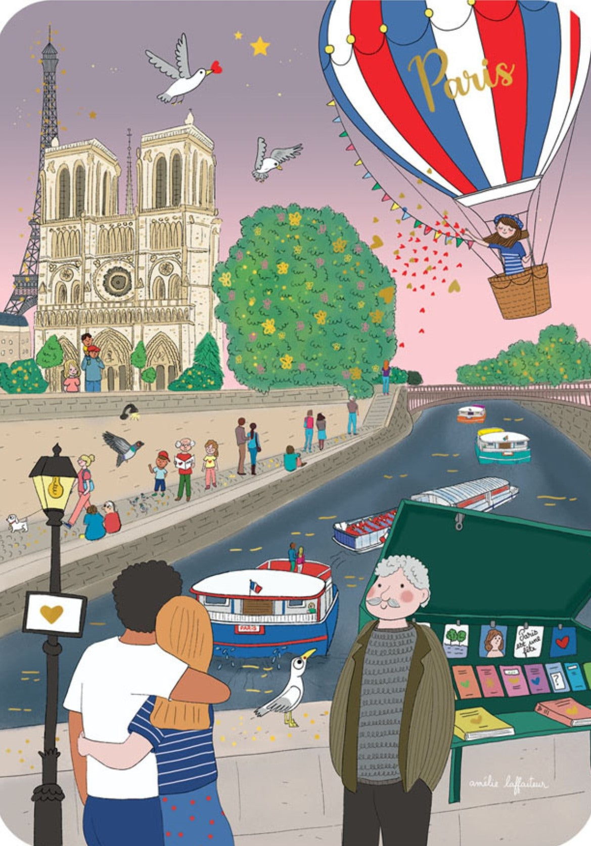 Cartes d'Art - Paris - France - River Seine - Notre Dame - Eiffel Tower - Couple - Love - Postcard with foil details