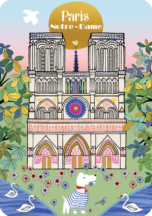 Cartes d'Art - Notre Dame - Paris - Fance - Dog - Swans - Flowers - Postcard with foil details