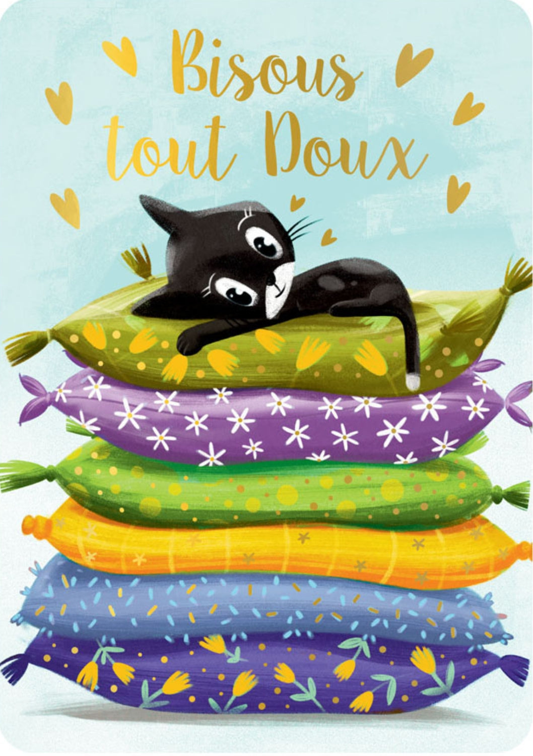 Sweet Kisses Cat Postcard by Patrick Chauvet - Cartes d'Art featuring a cat lying on colorful pillows with 'Bisous tout Doux' text and heart decorations.