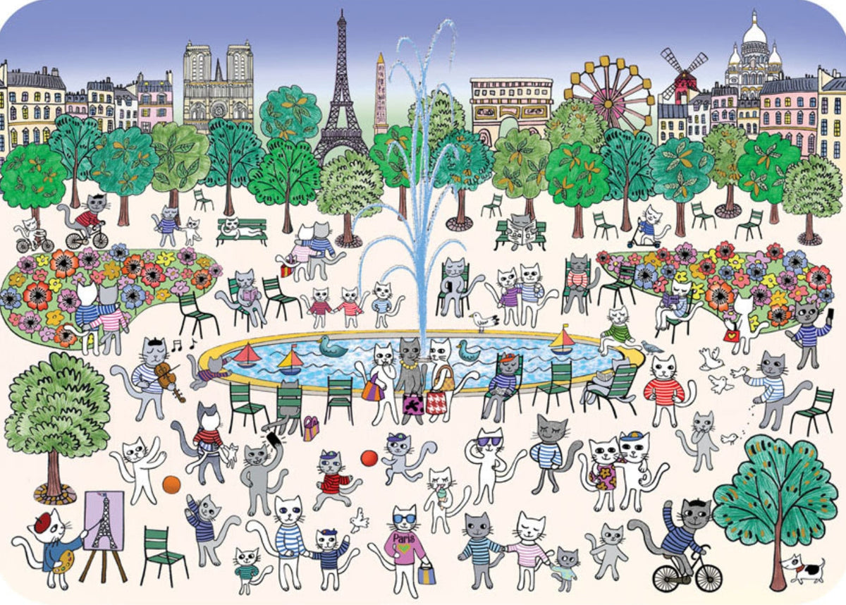 Cats in the Paris Gardens Postcard by Pascale Godard - Cartes d'Art featuring cats in a Paris park next to a fountain with landmarks in the background