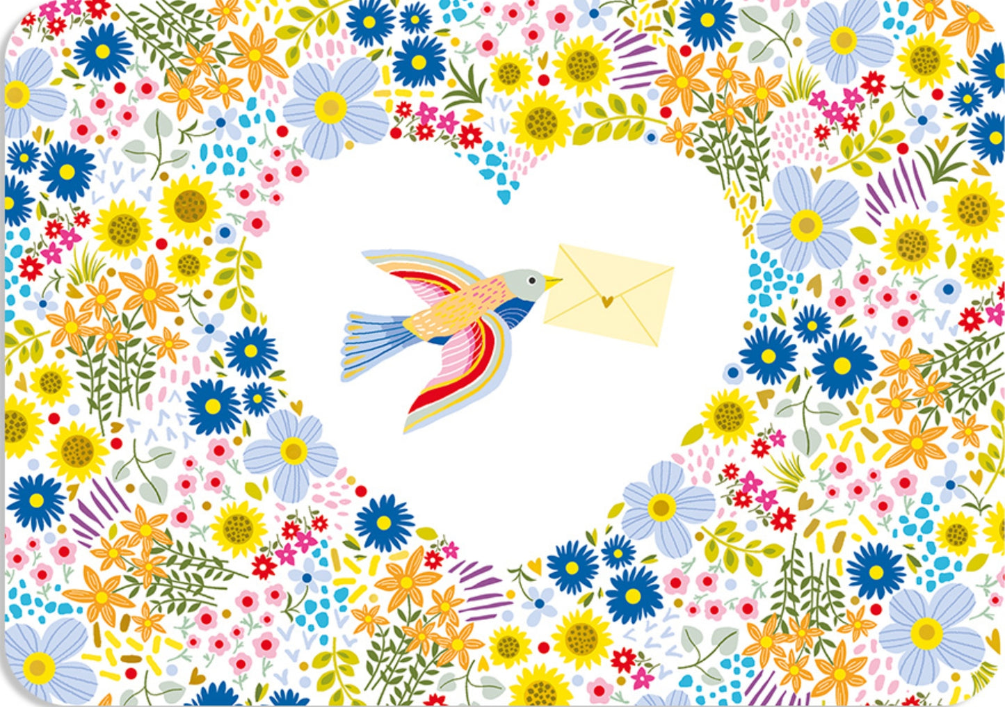 Cartes d'Art Postcard featuring a bird flying with a love letter inside a bright floral heart, accented with foil details.