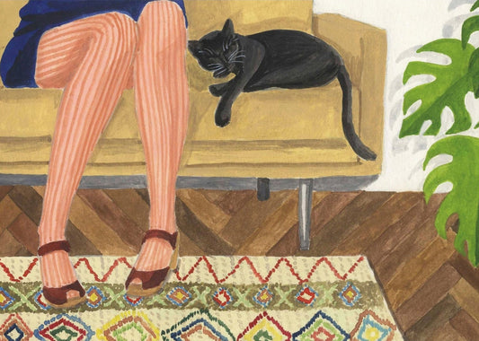 Cat Nap Postcard by Melanie Voituriez featuring a black cat napping on a couch next to a person.