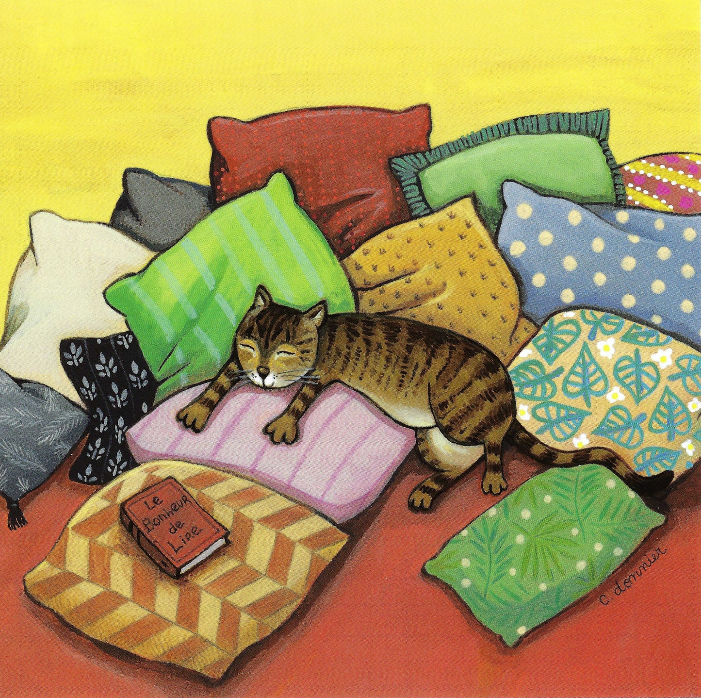 Cat Nap by Christine Donnier - Editions Titi Pinson featuring a cat lying on a pile of colorful pillows with a book nearby