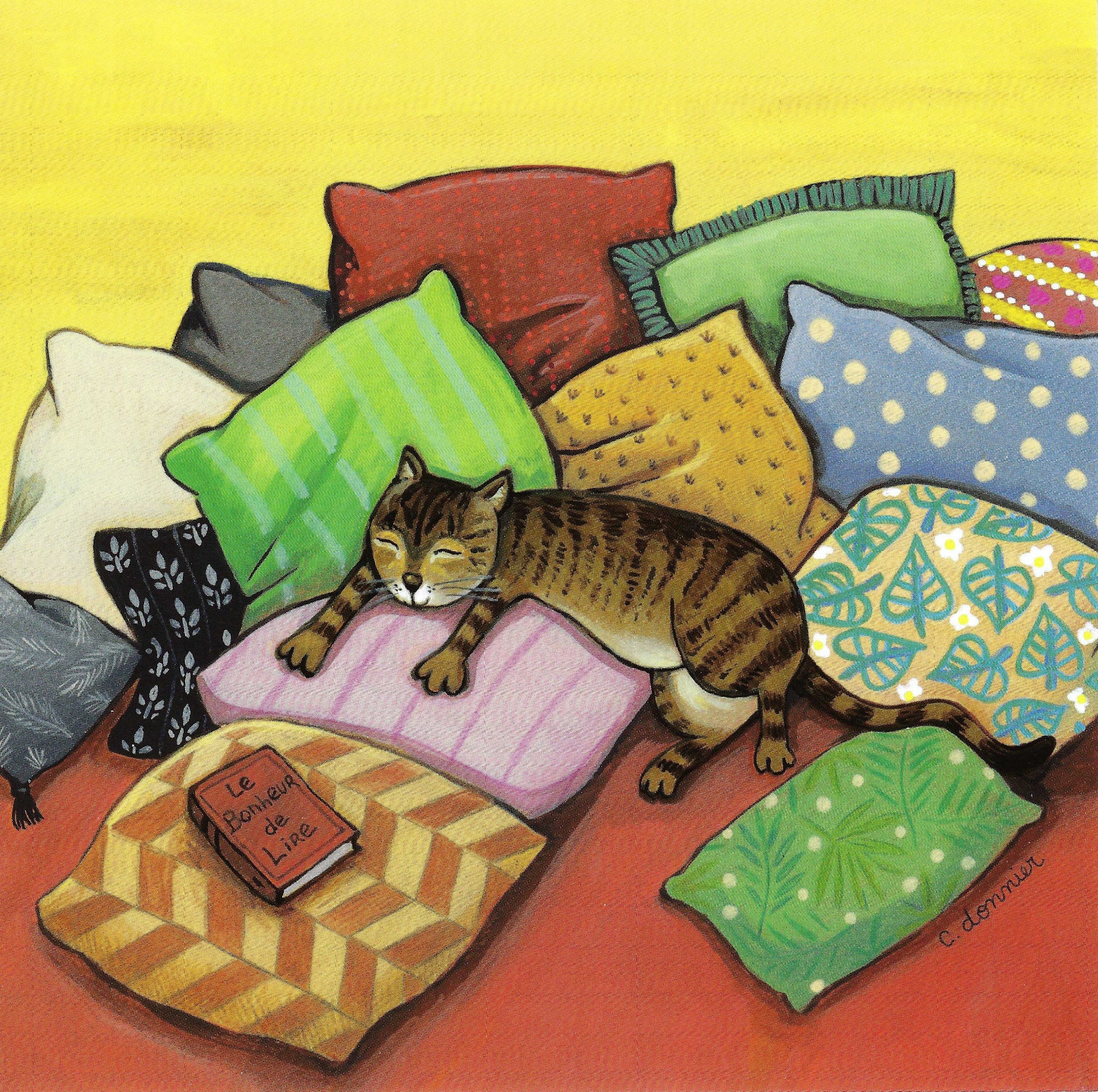 Cat Nap by Christine Donnier - Editions Titi Pinson featuring a cat lying on a pile of colorful pillows with a book nearby
