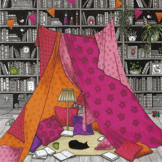 Cat Nap in the Book Nook Postcard by Editions Titi Pinson featuring a cat taking a nap under a colorful blanket tent in a room with books and bookshelves.