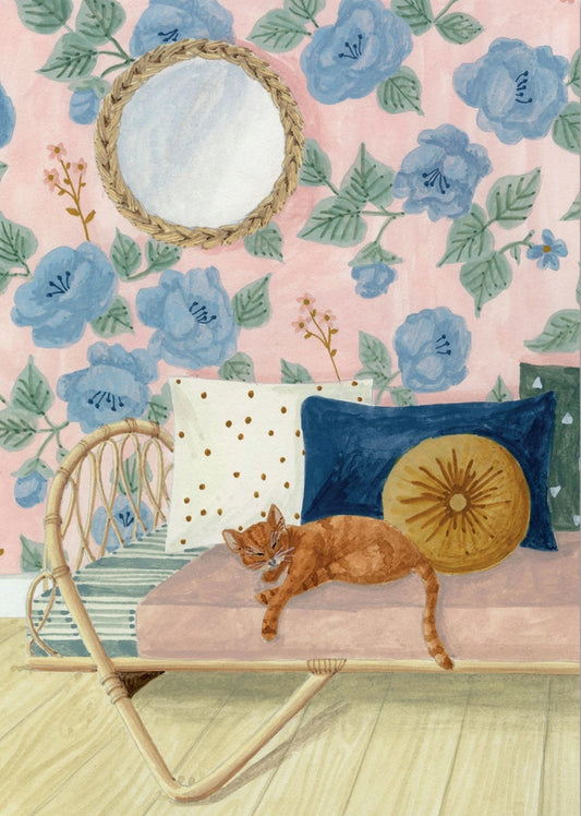 Illustrated Cat Postcard by Melanie Voituriez featuring an orange ginger cat on a couch.