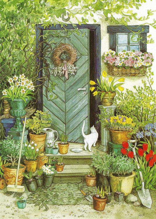Cat Postcard - White Cat and Flowerpots at the Front Door by Inge Löök
