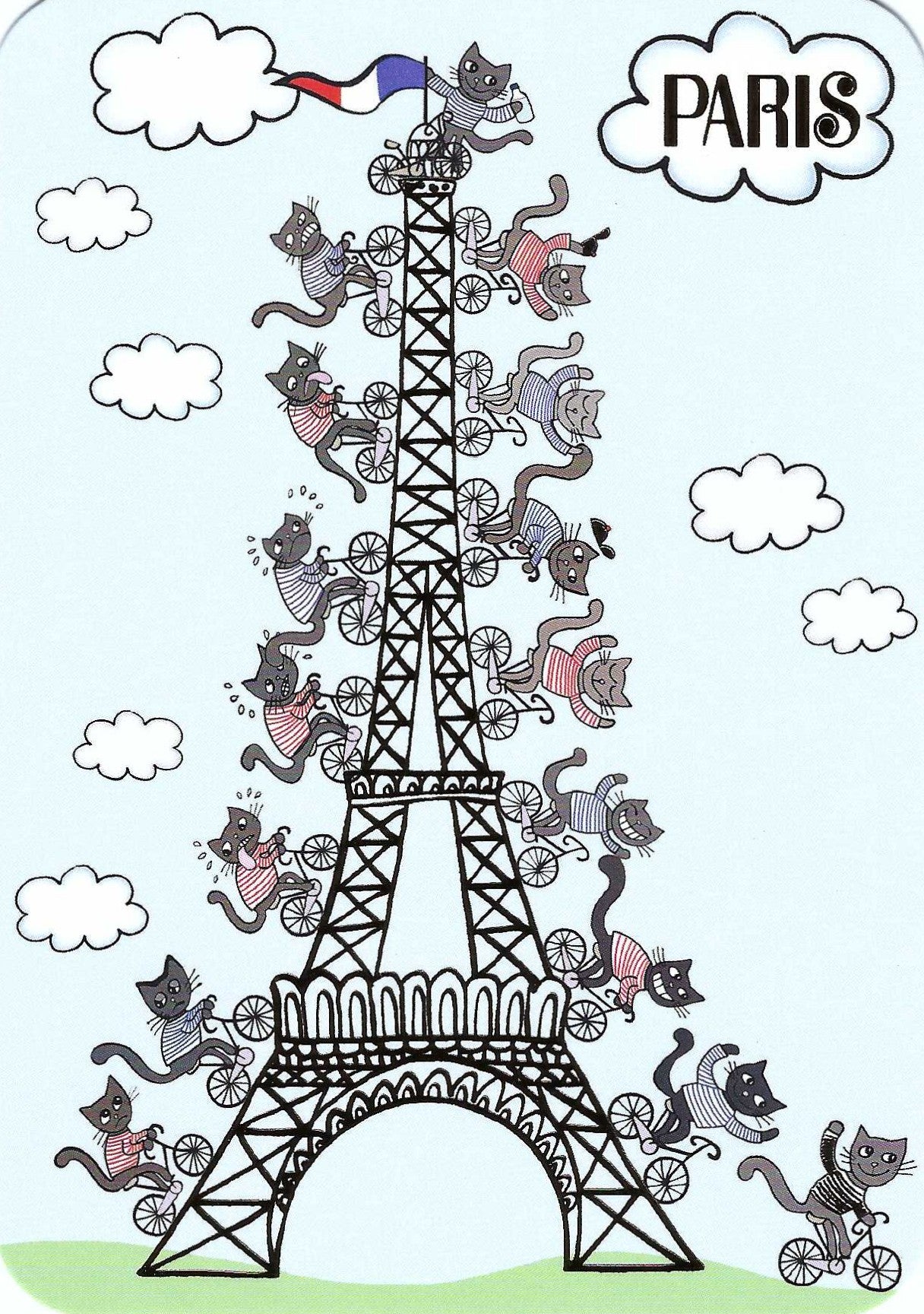Cats Bicycling on the Eiffel Tower Postcard by Pascale Godard - Cartes d'Art featuring an illustration of the Eiffel Tower with cats bicycling over it and a French flag, set against a light blue background with clouds.