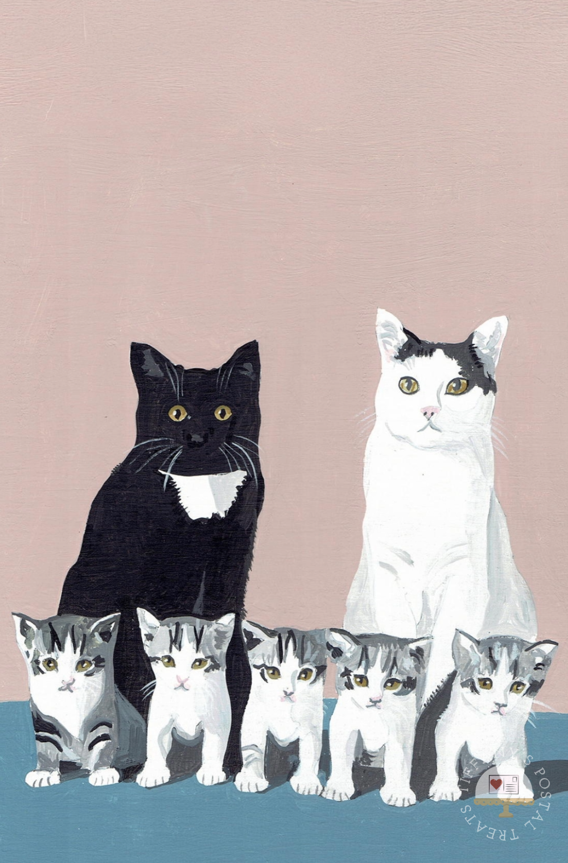 Cats Family Portrait by Inkognito featuring a black cat, a white cat with black patches, and five gray-and-white kittens sitting against a dusty pink background with a blue surface at the bottom.