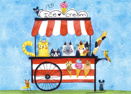Cats Postcard - Cats Ice Cream Cart - by Skowronski and Koch - Postcard with varnish details