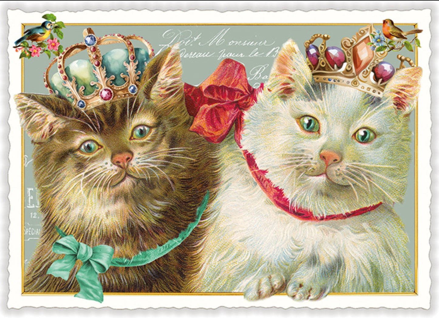 Cats Postcard by Edition Tausendschön featuring two cats wearing decorative crowns and bows on a vintage-style postcard.