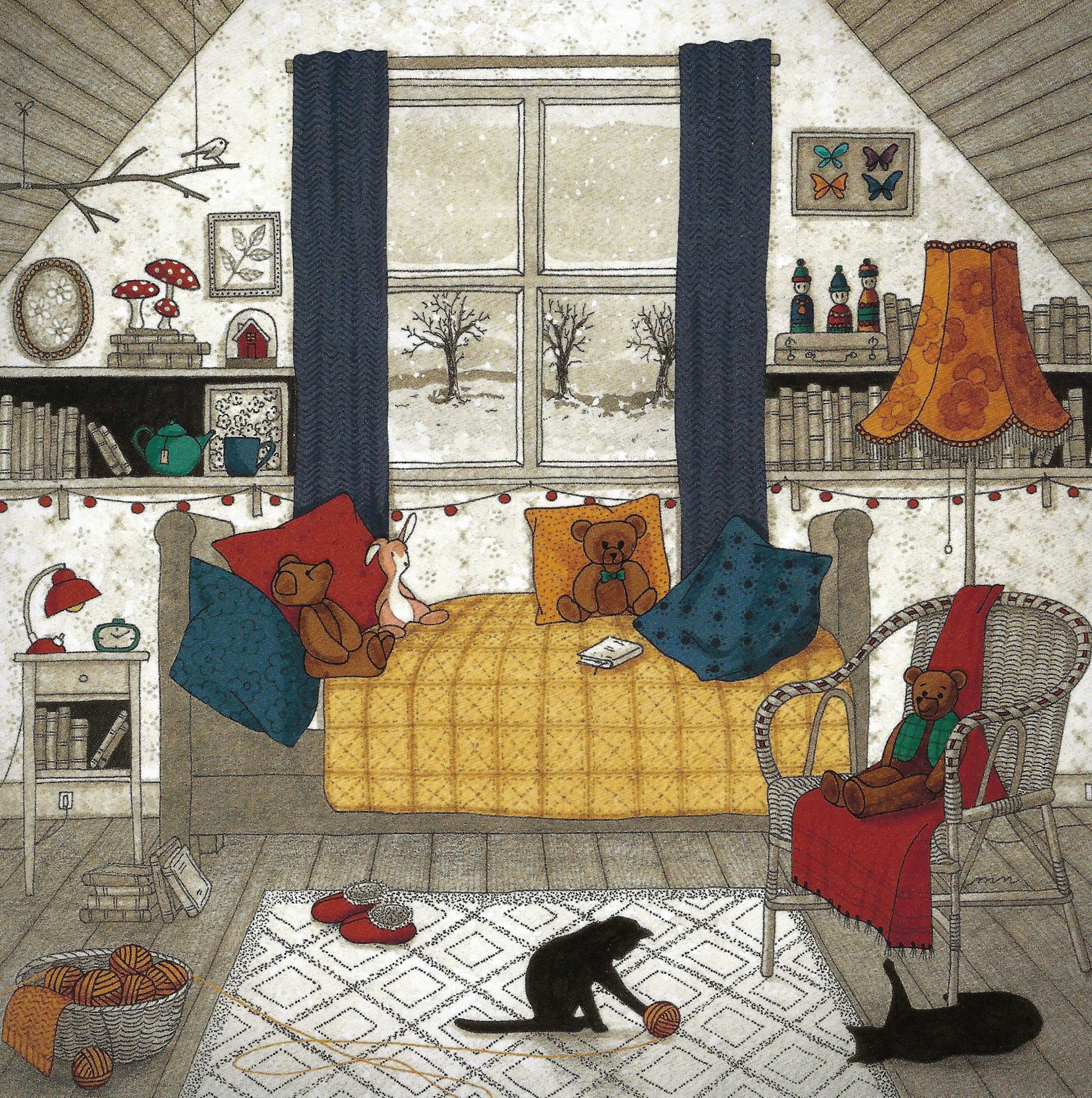 Black Cat's at Play Postcard by Editions Titi Pinson featuring a black cat playing with yarn and a bed with teddy bears, a bookshelf and a window with snowy weather outside.