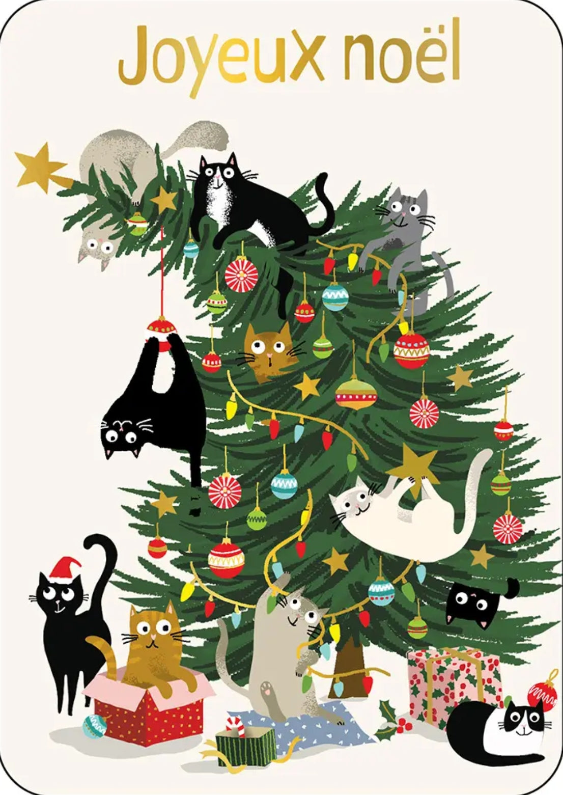 Cats in the Christmas Tree Postcard by Cartes d'Art featuring a decorated Christmas tree with cats hanging from the branches, gifts at the base, and the text 'Joyeux Noel' in gold at the top.