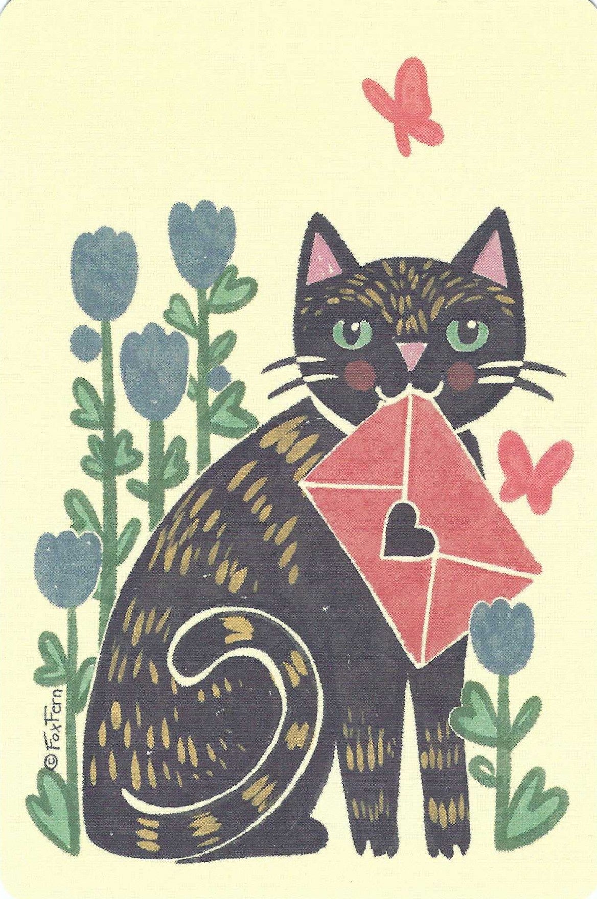Cat with Letter Postcard by FoxFern Studios featuring an illustration of a cat holding a red envelope with butterflies and flowers on a light background