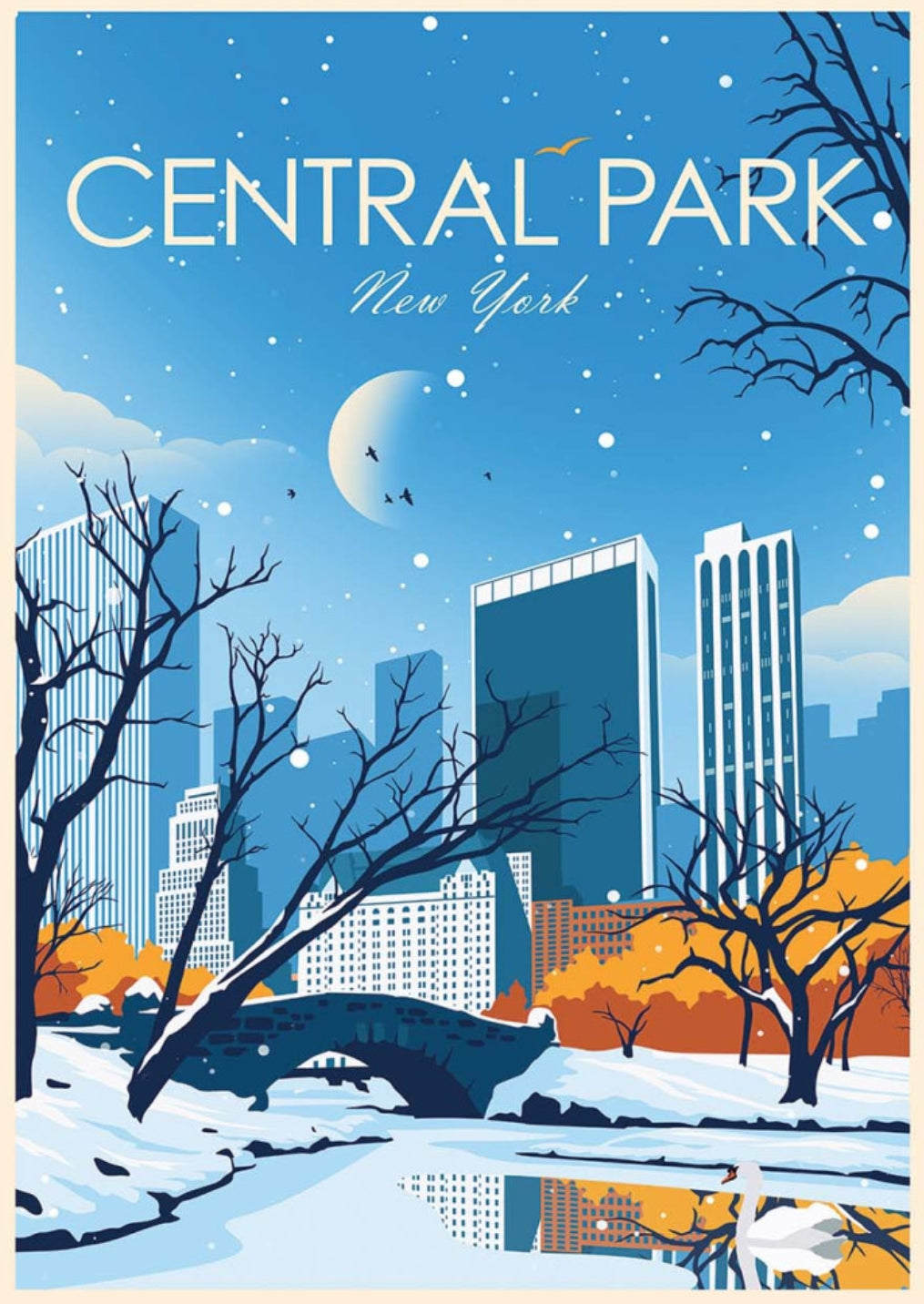 Central Park New York Postcard by Studio Inception featuring an illustration of Central Park New York with winter scene, bridge, and skyline.