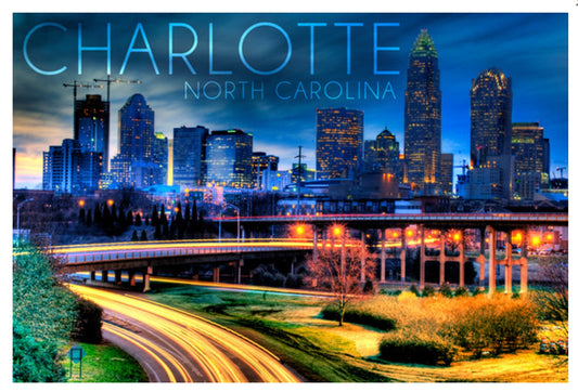 Charlotte, North Carolina - Skyline at Night - Lantern Press Postcard