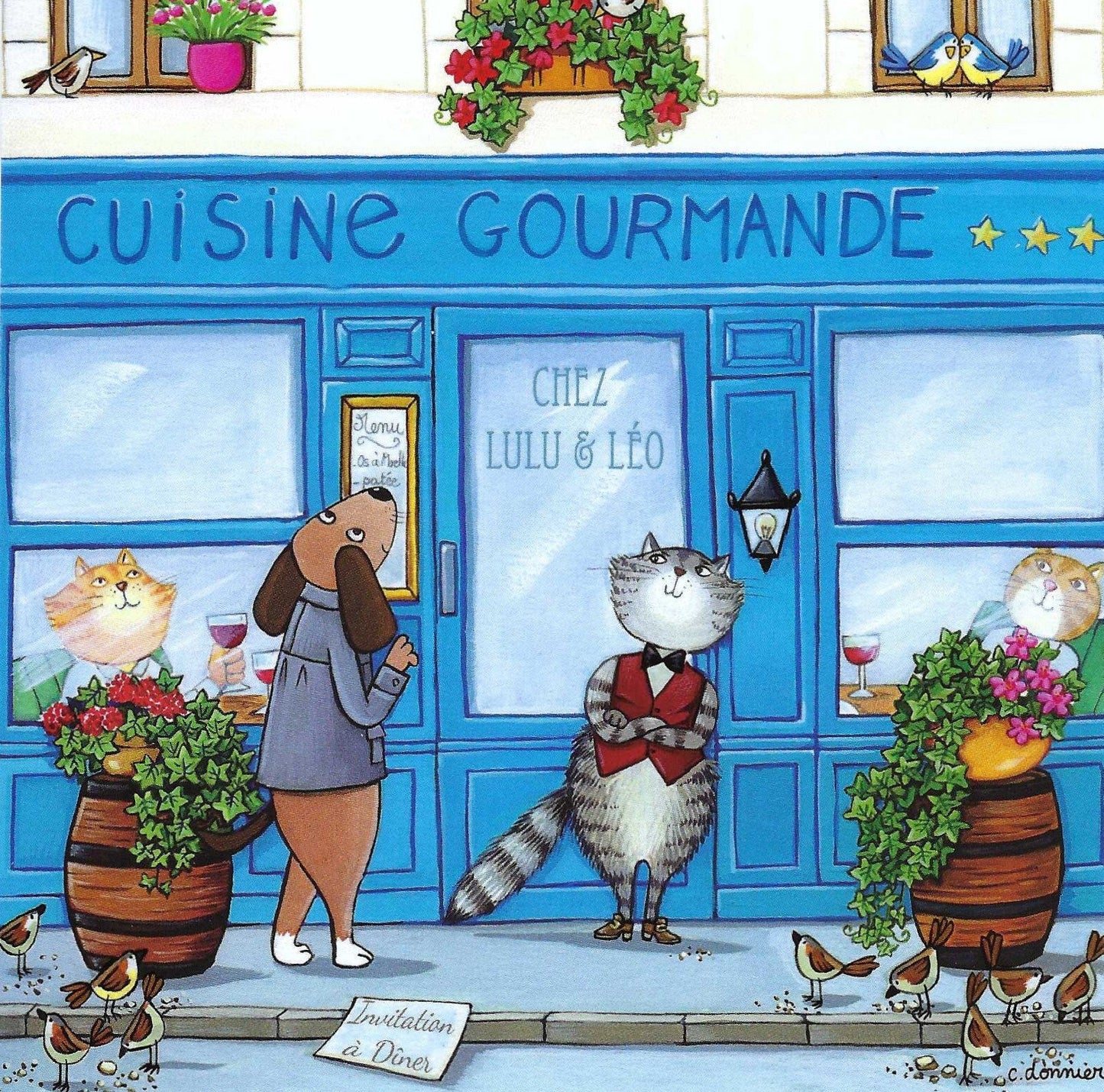 Chez Lulu & Léo Postcard by Christine Donnier - Editions Titi Pinson featuring a cat and dog standing outside a restaurant named 'Cuisine Gourmande' with decorative elements.