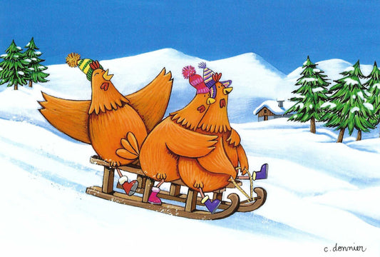 Chickens Sledding Postcard by Christine Donnier - Editions Titi Pinson featuring chickens on a sled in a snowy landscape with trees and a house.