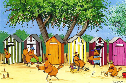 Chickens at the Beach Postcard by Christine Donnier - Editions Titi Pinson featuring chickens at the beach.