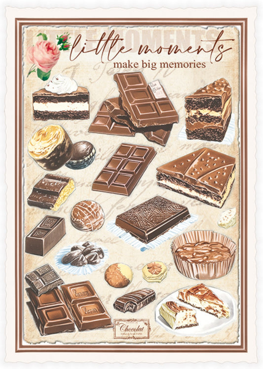 Chocolates Postcard by Edition Tausendschön featuring various chocolate desserts with text 'Little moments make big memories' 