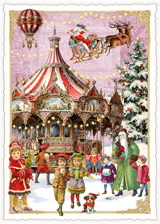 Christmas Carousel Postcard by Edition Tausendschön featuring a VintageChristmas scene with Santa Claus, reindeer, and children near a carousel