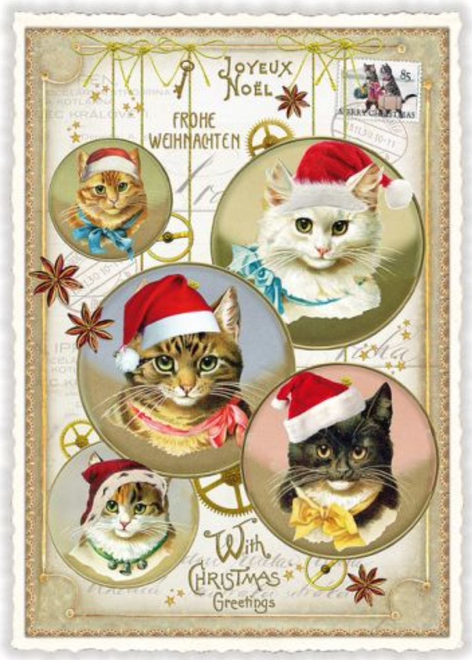 Christmas Cats Postcard by Edition Tausendschön featuring illustrated cats wearing Santa hats, with German text 'Frohe Weihnachten' and 'With Christmas Greetings' on a cream background with gold decorative borders.