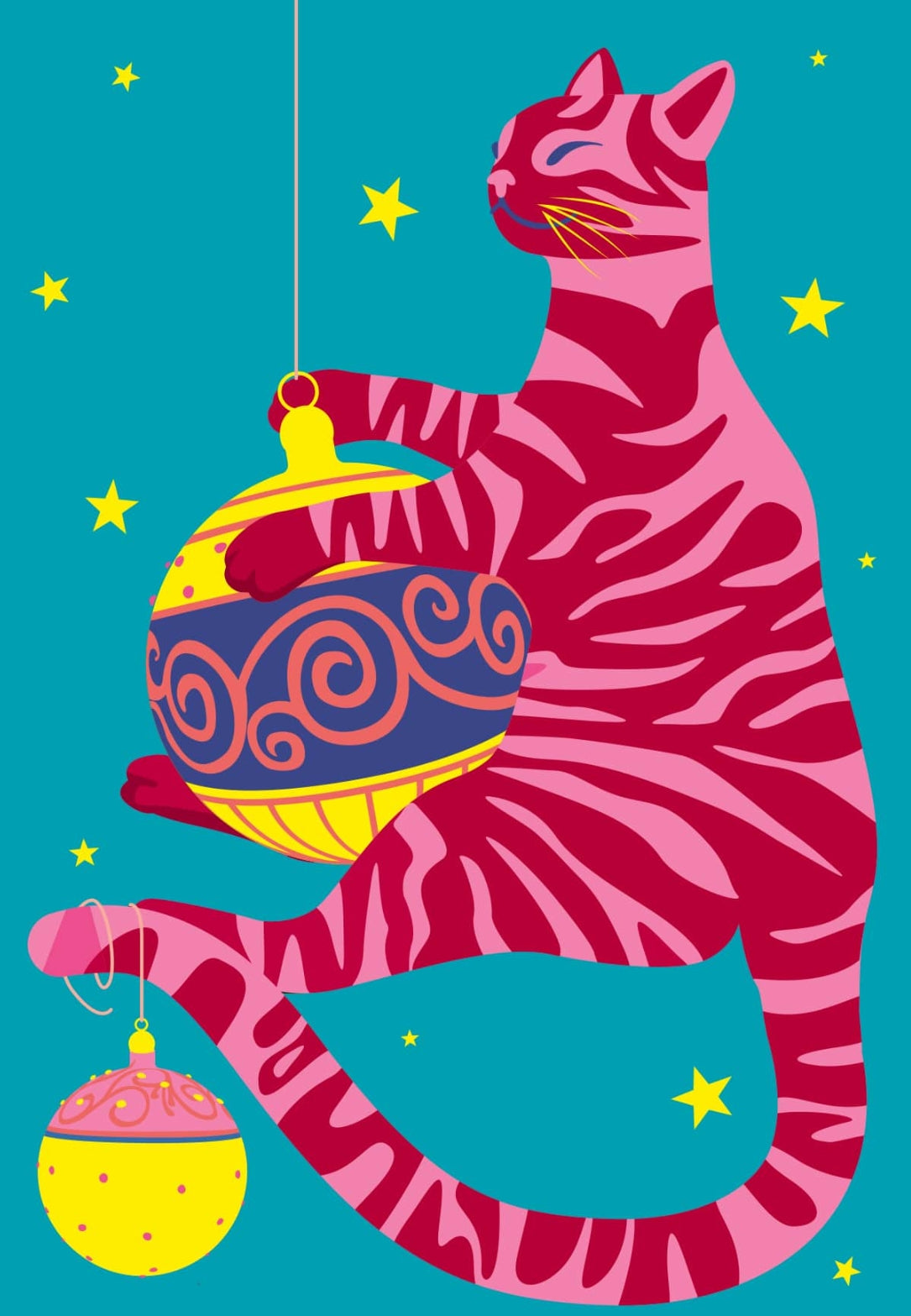Christmas Cat Postcard by Nobis Design featuring a pink and red striped cat hanging from a Christmas ornament against a teal background with yellow stars.