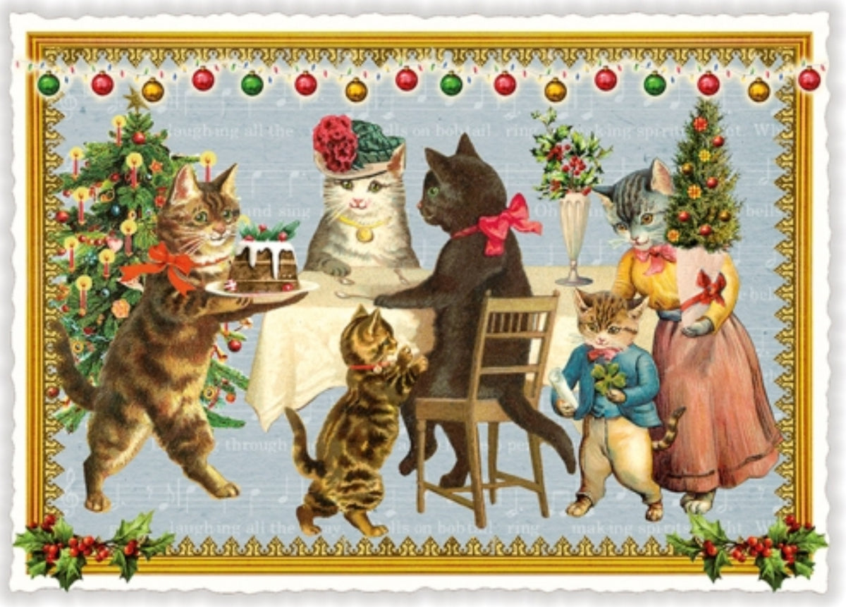 Christmas Cats Postcard by Edition Tausendschön (PK1078) featuring anthropomorphic cats gathered around a table with a cake, decorated Christmas trees, ornaments, and a gold ornamental border.