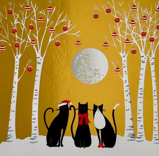 Groupe Editor - Art of Emotion Postcard from D’OR ET DE LUMIÈRE featuring three cats in festive attire sitting among snowy birch trees with red ornaments and a full moon against a god foil background.
